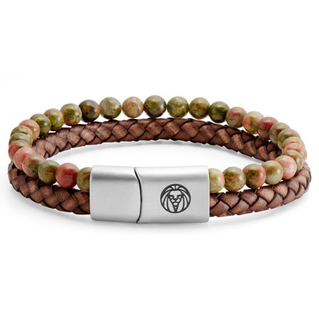 Bracelet Icon en cuir vintage et unakite pour hommes - Bracelets de perles - pour Hommes - Lucleon