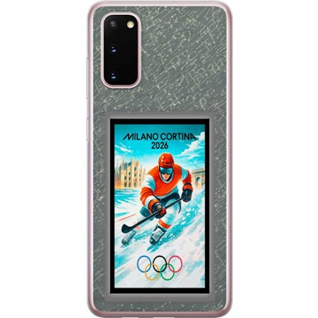 Yhteensopiva Puhelinkuori Samsung Galaxy S20 Curlingkuvitus pelaajilla ja kivillä jäällä, Milano Cortina 2026, lumisia roiskeita ja olympiasormukset