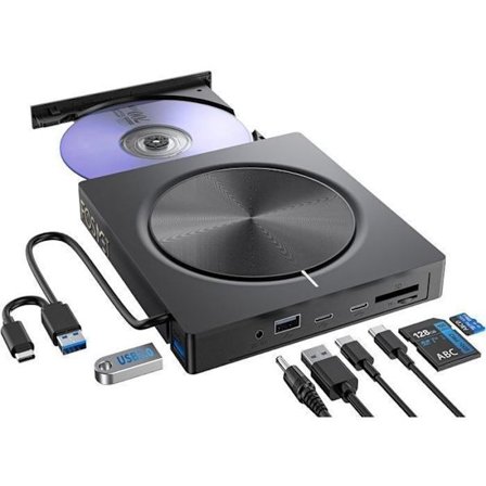 FOSMET Ekstern CD/DVD-leser/skriver, USB 3.0 og USB-C DVD-brenner med 2 USB-A, 2 USB-C og SD/TF-spor, Optisk CD for