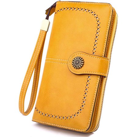 Naisten nahkainen lompakko useilla korttipaikoilla ja rannehihnallla (Keltainen)