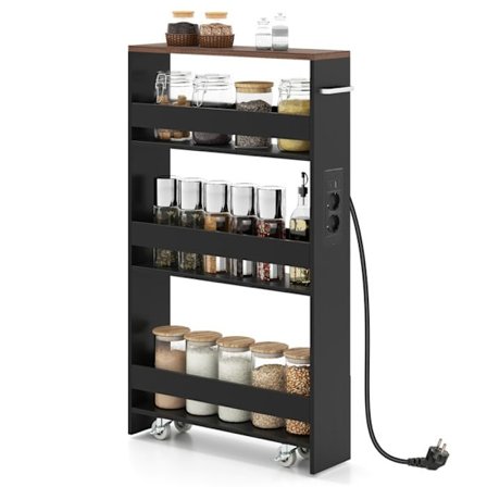 Smalt Kökshjul 13 CM COSTWAY med 4 Hyllor, Laddstation, Låsbara Hjul, Räcken, Handtag, Svart och Valnöt