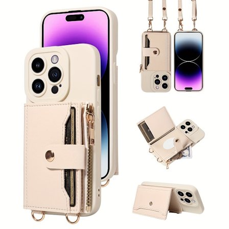 Beskyttende etui i imitert skinn for Iphone 17 Pro Max, med lang rem, multifunksjonelt speil og kortholder med glidelås