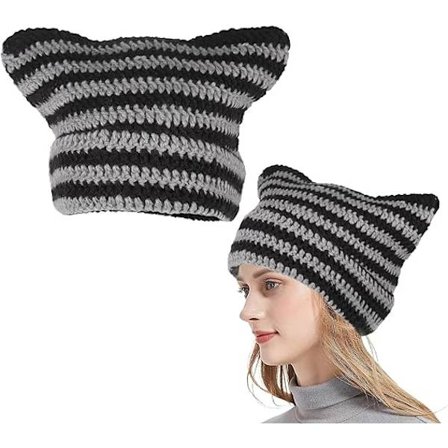 Kvinnors stickade mössa vinter kattöron mössor varm elastisk mössa mjuk slouchy randig stickad mössa(svart grå)