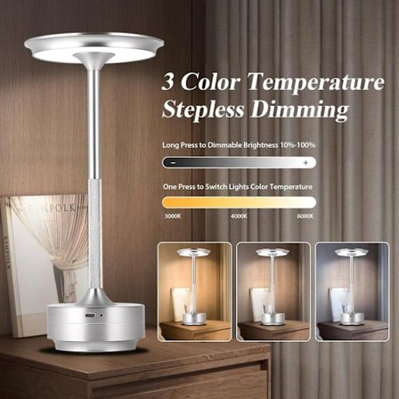 Trådløs Bordlampe, Dimbar, Metall, USB Oppladbar - 1/2stk_TF_TF