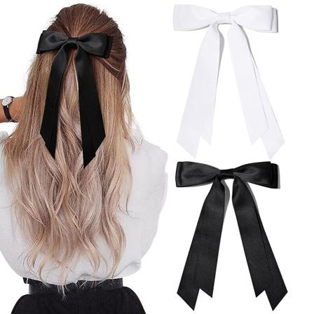 2 st silkesatin hårslingor hårklämma svart vit hårband hästsvanshållare accessoarer glidmetallklämmor hårslinga för kvinnor flickor småbarn tonåringar
