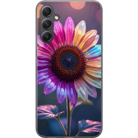 Kompatibelt Mobildeksel til Samsung Galaxy A35 Irideserende blomst med glitrende kronblad i rosa lilla og gull mot myk bokeh bakgrunn