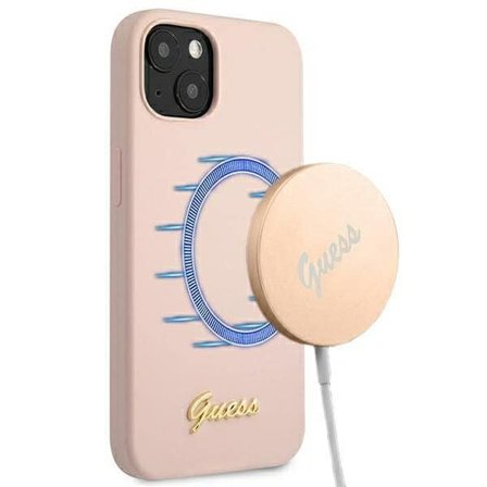 Guess iPhone 13 6.1" Ljusrosa Silikon Fodral Script Gold Logo Magsafe