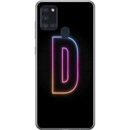 Kompatibel Mobilcover til Samsung Samsung Galaxy A21s Minimalistisk neonbogstav D i farveskiftende lys mod sort baggrund i moderne digital design
