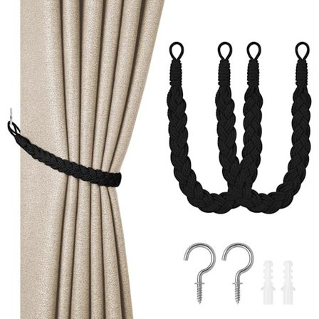 Black Hand Woven Curtain Tiebacks, Knitted Curtain Rope Holdbacks, Knitted Curtain Accessories for Indoor and Outdoor Decoration