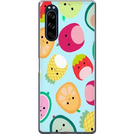 Kompatibelt Mobildeksel til Sony Xperia 5 Mønster av kawaii-frukter som jordbær sitron ananas og avocado på lyseblå bakgrunn