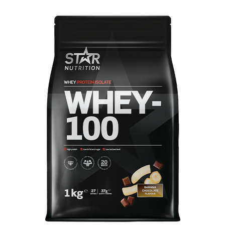 Star Nutrition Whey-100 Valleprotein 1 kg, Banana Chocolate - Bodyman.dk