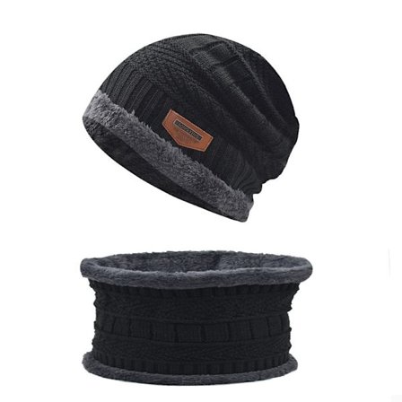 Unisex Beanie Halstørklæde, 2-delt Vinter Beanie Halstørklæde Sæt Varmt Strikhue Tykt Strikhue Sort