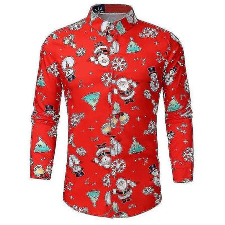 /EA/Älgtryck Julskjortor Enkelknäppt Reseblus Snögubbe Tryckt Tunika Skjorta S Röd Jul