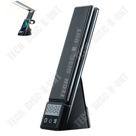 Skrivbordslampa - TECH DISCOUNT - Fällbar 6 i 1 - Trådlös laddare - Justerbar väckarklocka - LED 25W