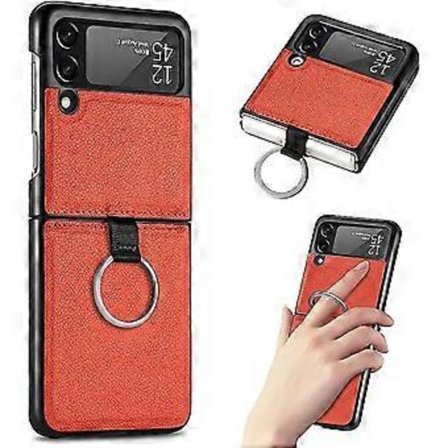 Designat för Samsung Galaxy Z Flip 3 Skal med Ring, Slimmat Tunt PU Läder Stöttåligt Telefonskal, Z Flip 3 5G Skyddsskal med Rem (2021)(Korall)