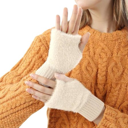 Fingerløse handsker til kvinder, fingerløse vinterhandsker til kvinder med hul til tommelfingeren, håndledsvarmere, termiske fingerløse handsker til 
