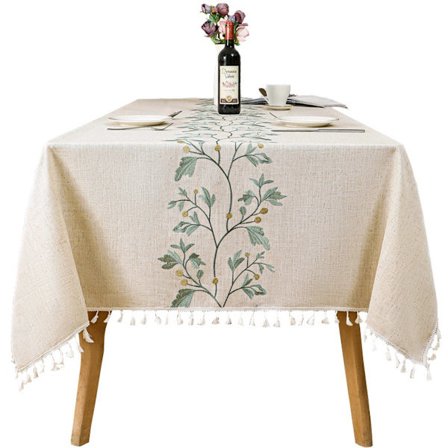 Rektangulär Duk, Fläckbeständig Bomull och Linne Tvättbar med Toppar, Grön Bladbroderi, Vattenavvisande Dukar, Matbord
