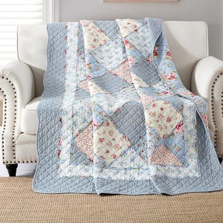 Blåt sengetæppe 130x150cm, blødt og behageligt 100% bomuld enkelt sengetæppe, blåmønstret patchwork sengetæppe, ægte patchwork sengetæppe, egnet