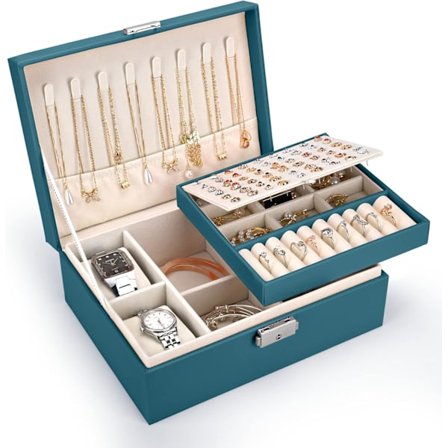 2-lags Stor Smykkeboks, PU-Lær, Smykkeorganisator for Ørepynt, Ringer, Halskjeder, Klokker, Armbånd