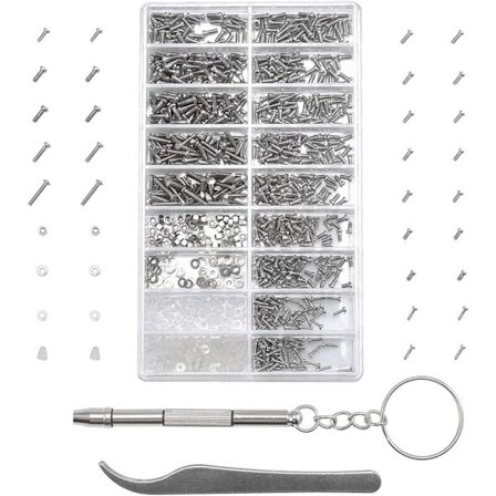 1000-delers miniatyr skruebrille-reparasjonssett, inkludert pinsett og skrutrekkere, egnet for briller, solbriller og klokker