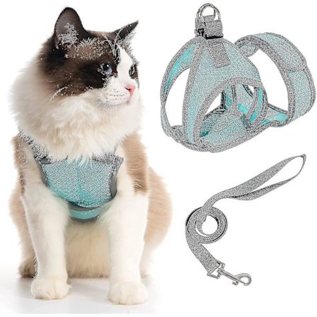 Kattehalsbånd og snor, flugtsikker justerbar vest til katte, kattegåjakke med luftnet-halsbånd - 26 (M, blå)
