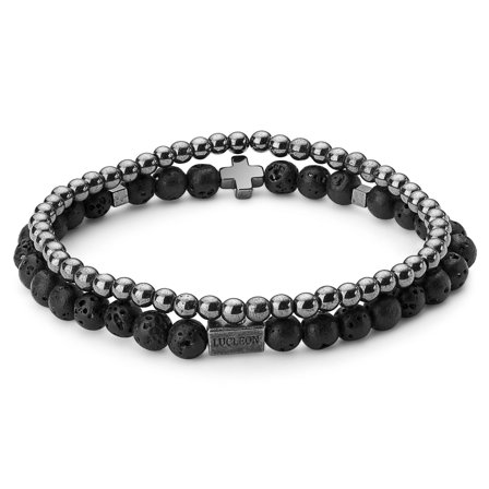 Juego de Pulseras con Cruz de Roca de Lava y Hematita para hombres - Pulseras de perlas