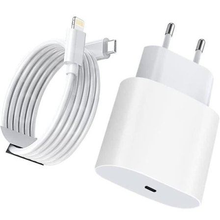 20W Vit Snabbladdare - USB C till Lightning - 2m Längd - Laddningskloss + Kabel - Kompatibel med iPhone/iPad