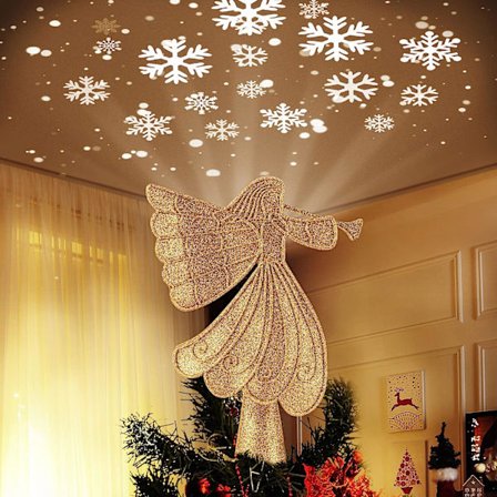 Juleengel Trætop med Indbygget LED Snefnug Projektor Lys Udhulet Pentagram Trætop med Guldfarvede Pletter Belagt Stik til Indendørs Udendørs Brug