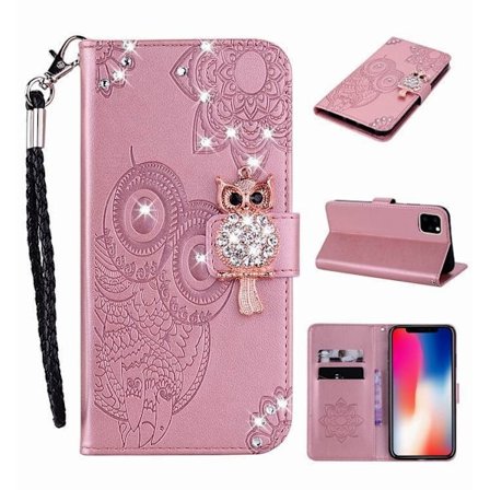 Etui til iPhone 16 Pro roségull preget ugle diamant kortspor lommebok skinn