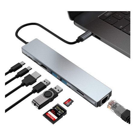 USB C Hub Adapter, 8 i 1 Mac Tilbehør USBC Adapter 4K HDMI, Ethernet, 2 USB 3.0, SD/TF Kortlæser