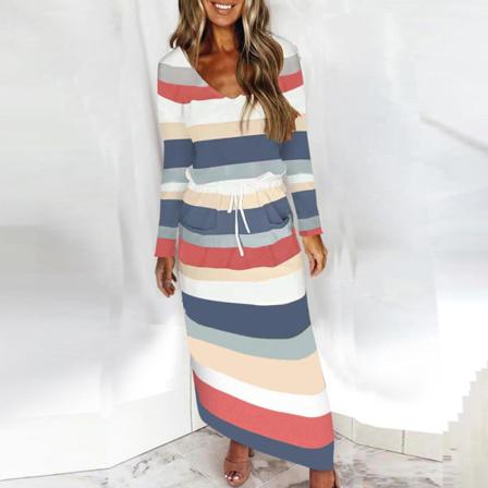 Våren Kvinnor Klänning V-ringad Casual Randig Långärmad Lace Up La