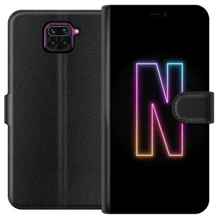 Yhteensopiva Lompakkokotelo Xiaomi Xiaomi Redmi Note 9 Minimalistinen neonkirjain N värinvaihtuvassa valossa mustaa taustaa vasten