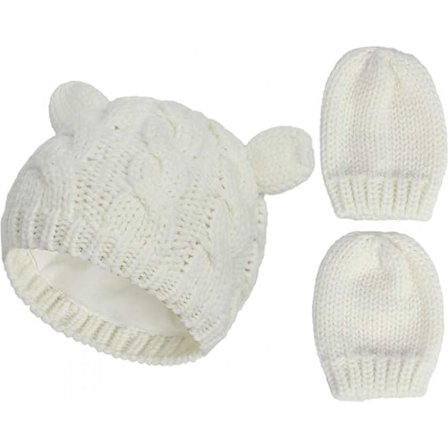 ING Baby Vinterlue og Vantesett - Varm Baby Strikkelue - Hvit - Størrelse M - Passer for 2-6 Måneder