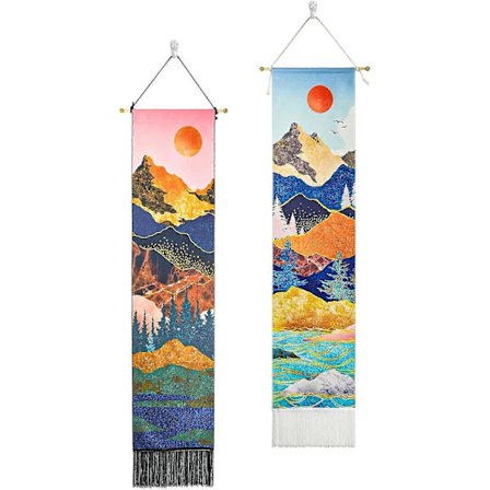 2 st Bergsväv, Soluppgång och Solnedgång Väv med Tofsar, Väggbonad Naturlandskap Väv, Skogsträd