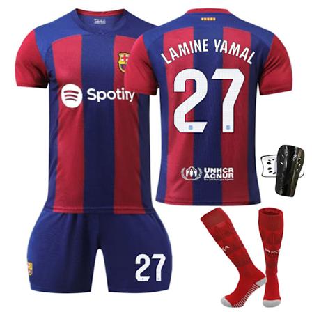 Barcelona Hemtröja för barn och vuxna, fotbollströja nr 27 Yamal, 2023-24 With socks+kneepad 24
