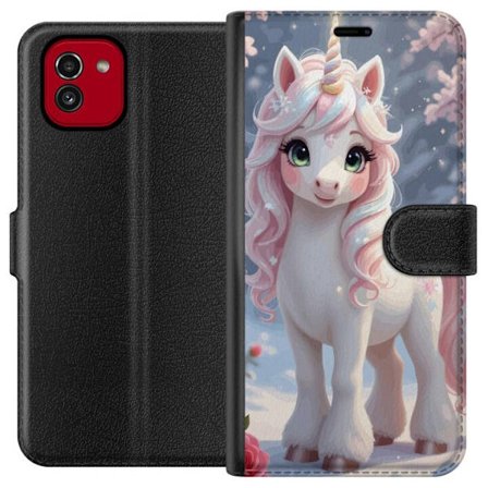 Yhteensopiva Lompakkokotelo Samsung Galaxy A03 Pastellfärgad enhörning med regnbågsmane och stora ögon i sagolik vintermiljö