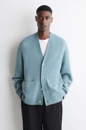 COS Men's Brushed Wool V Neck Cardigan Sweater in Blue