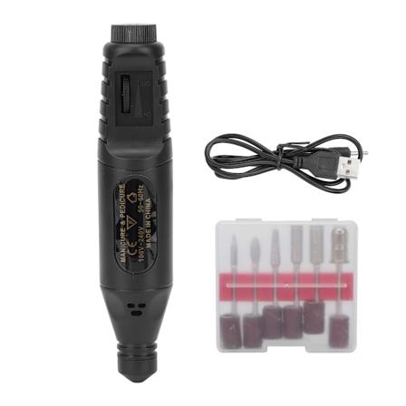 USB Elektrisk Nagelfräsmaskin Bärbar 6 Polerhuvuden Manikyr Poleringsverktygssats Svart