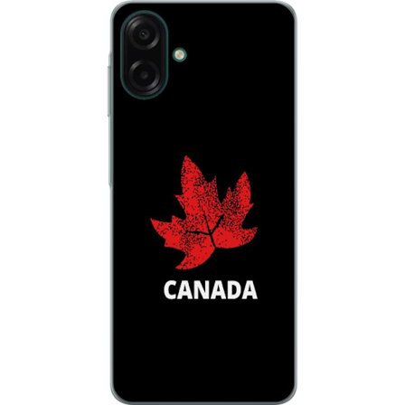 Kompatibelt Mobildeksel til Samsung Galaxy A07 4G Grafisk lønnebladsymbol i rødt mot svart bakgrunn med tydelig kanadisk referanse og minimalistisk