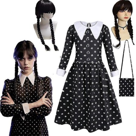 Wednesday Addams Pige Kostume Til Piger Børn Paryk Taske Rolleleg Fancy Up Tøj
