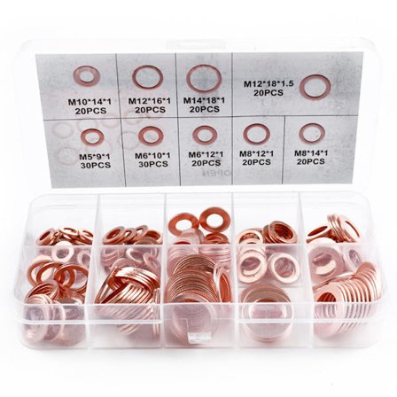 200 stk. assorterede kobberskiver, 9 størrelser, flad metalskivesæt til skruer og bolte, flad kobberpakning - M5, M6, M8, M10, M12, M14