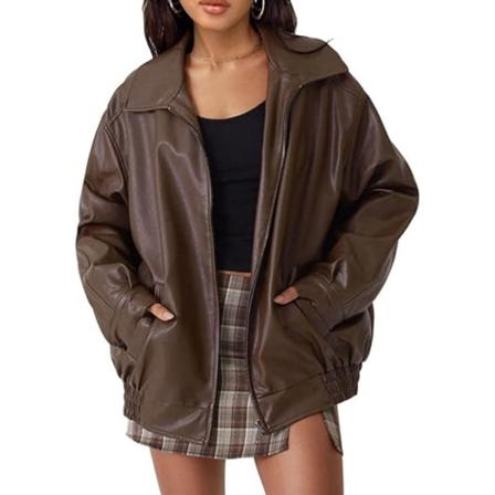 Kvinnors överdimensionerade jackor, läder konstmotorcykel Plus Size Moto Biker Coat Brown S