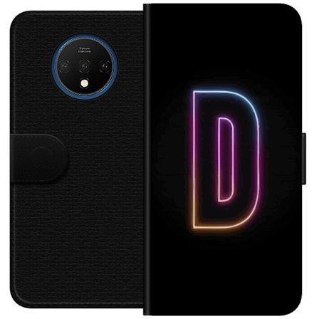 Kompatibel Tegnebogsetui til OnePlus OnePlus 7T Minimalistisk neonbogstav D i farveskiftende lys mod sort baggrund i moderne digital design