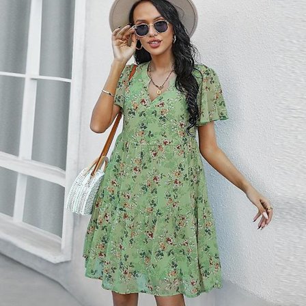 Forårsprint Kvinder Kortærmet V-hals Blomstret Sommer Chiffonkjole