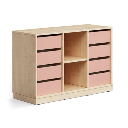 Student storage CASPER, 8 drawers, 2 compartments, base frame, birch/dark pink