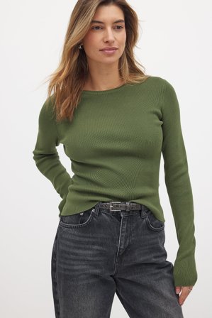 NA-KD Ribbed Knitted Round Neck Top - Strikkede toppe - Grøn - S (EU 34-36)