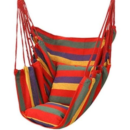 Hængekøjestol 100 x 130 cm med puder og siddepude – røde reb – op til 150 kg_OF