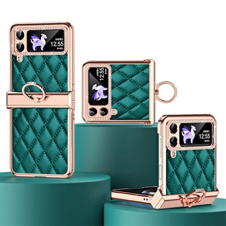 Pläterad Rhinestone-fodral Kompatibelt med Samsung Galaxy Z Flip 4, PU-Läderfodral med Skydd för gångjärn & Ringhållare