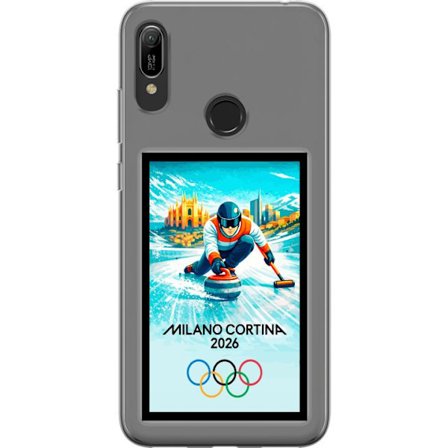 Kompatibelt Mobildeksel til Huawei Y6 (2019) Ishockeyillustrasjon med spillere i bevegelse på isen, Milano Cortina 2026, Milan-landemerker og olympisk