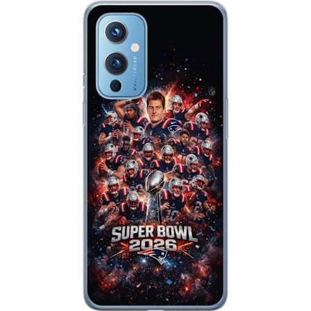 Yhteensopiva Puhelinkuori OnePlus 9 Super Bowl 2026 juliste, jossa New England Patriots ja NFL-mestaruuspalkinto räjähtävän urheilullisessa suunnittel